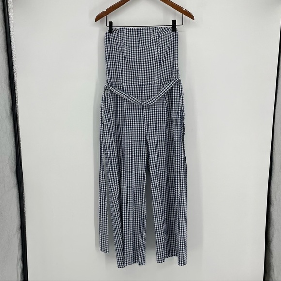 Kenar Gingham blue white checkered strapless jumpsuit waist tie  100% cotton XS - Picture 15 of 16